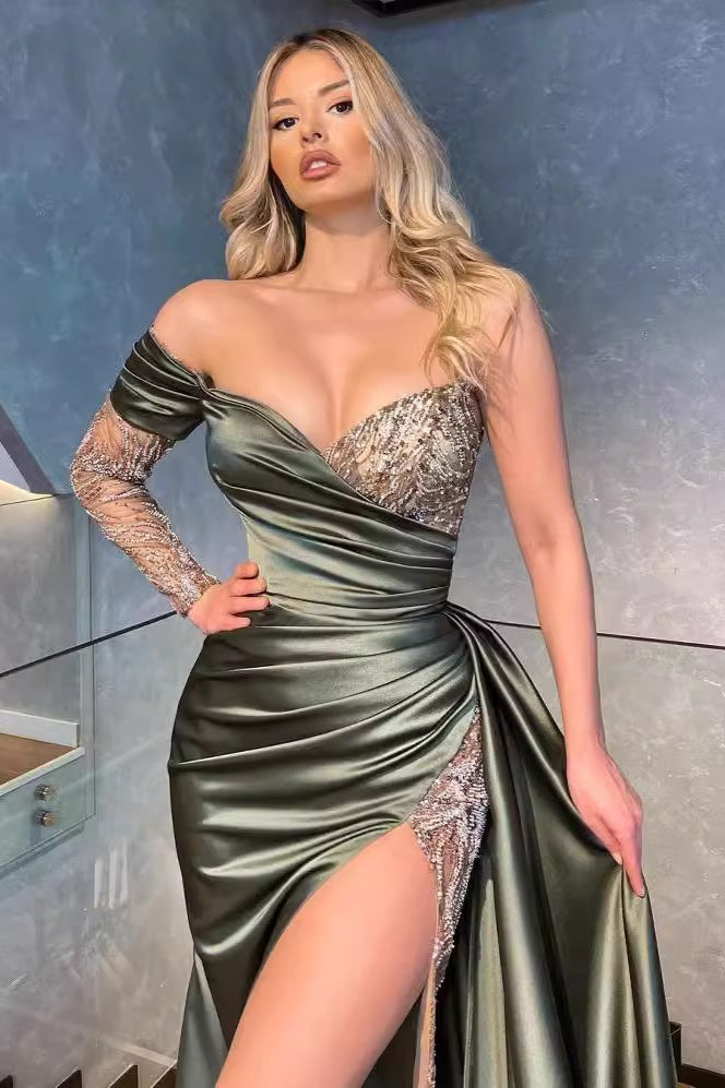 Asymmetrical One Shoulder Satin Beaded Mesh Sleeve Ruched Wrap High Split Maxi Gown