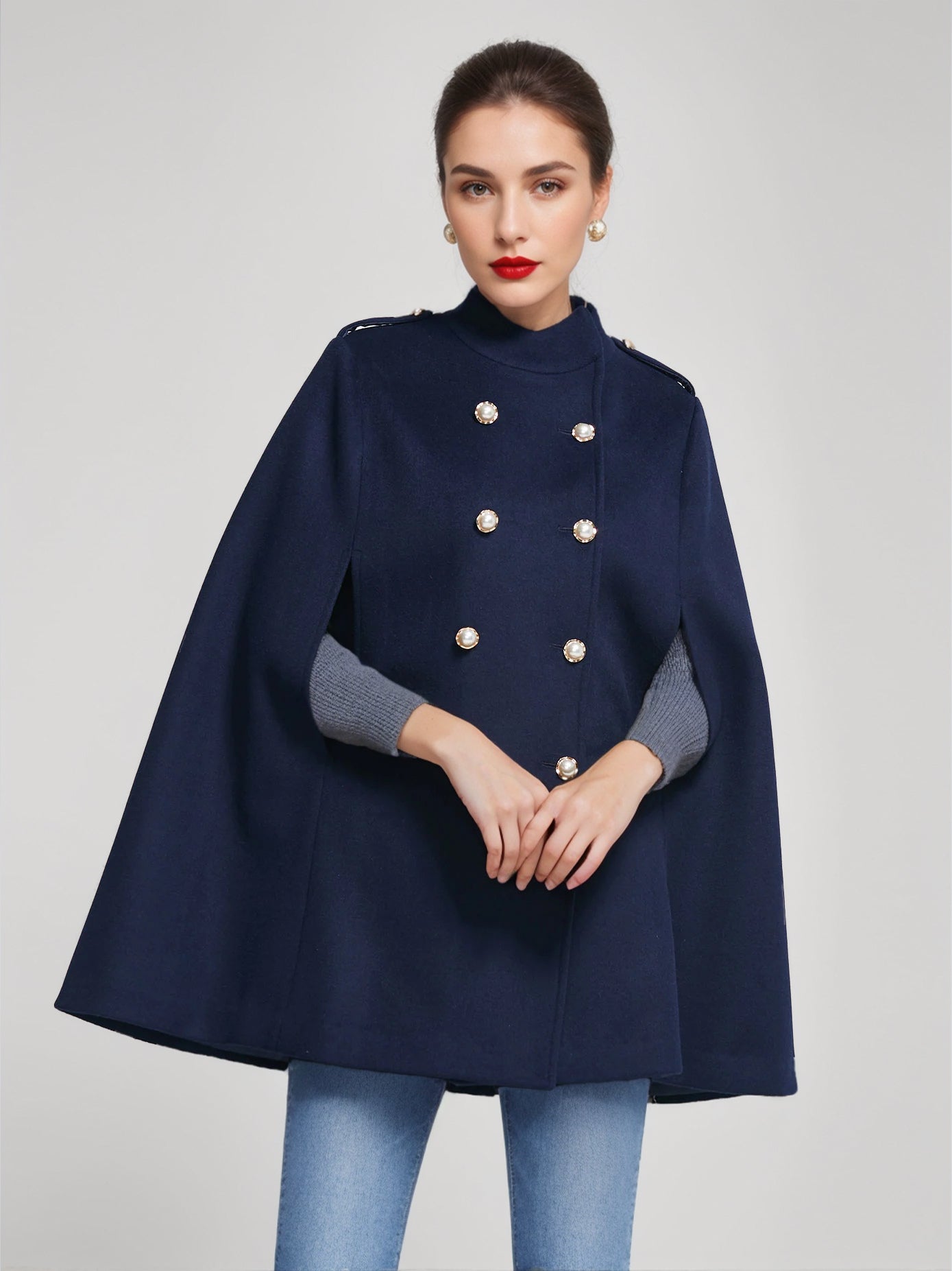 Woolen Cape Coat For Women Stand Collar Dark Navy Double-breasted Winter Poncho Outerwear 2026