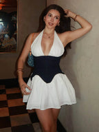 Sexy Deep V Neck Halter Waist-Cinching A-Line Dress Party Dress