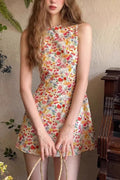 Ditsy Floral Print Crew Neck Ruched Tank Mini Dress