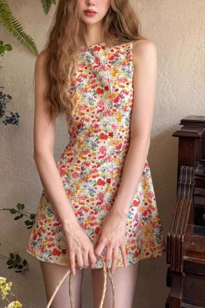 Ditsy Floral Print Crew Neck Ruched Tank Mini Dress