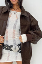 Lapel Collar Faux Leather Motorcycle Jacket
