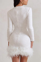 Sequin Long Sleeve Feather Trim Bodycon Mini Dress