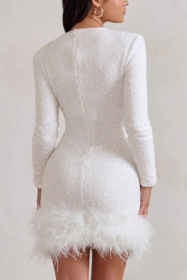 Sequin Long Sleeve Feather Trim Bodycon Mini Dress