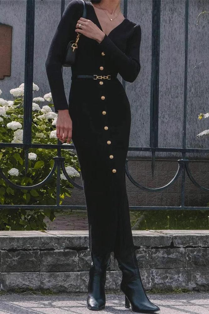 Rib Knit Deep V-Neck Button Front Belted Side Slit Midi Dress