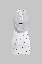 Polka Dots Pattern Lace Ruched Halter Neck Tie Up Backless Mini Dress