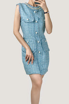 Pearl Embellished Neckline Button Front Fringe Trim Tweed Mini Dress