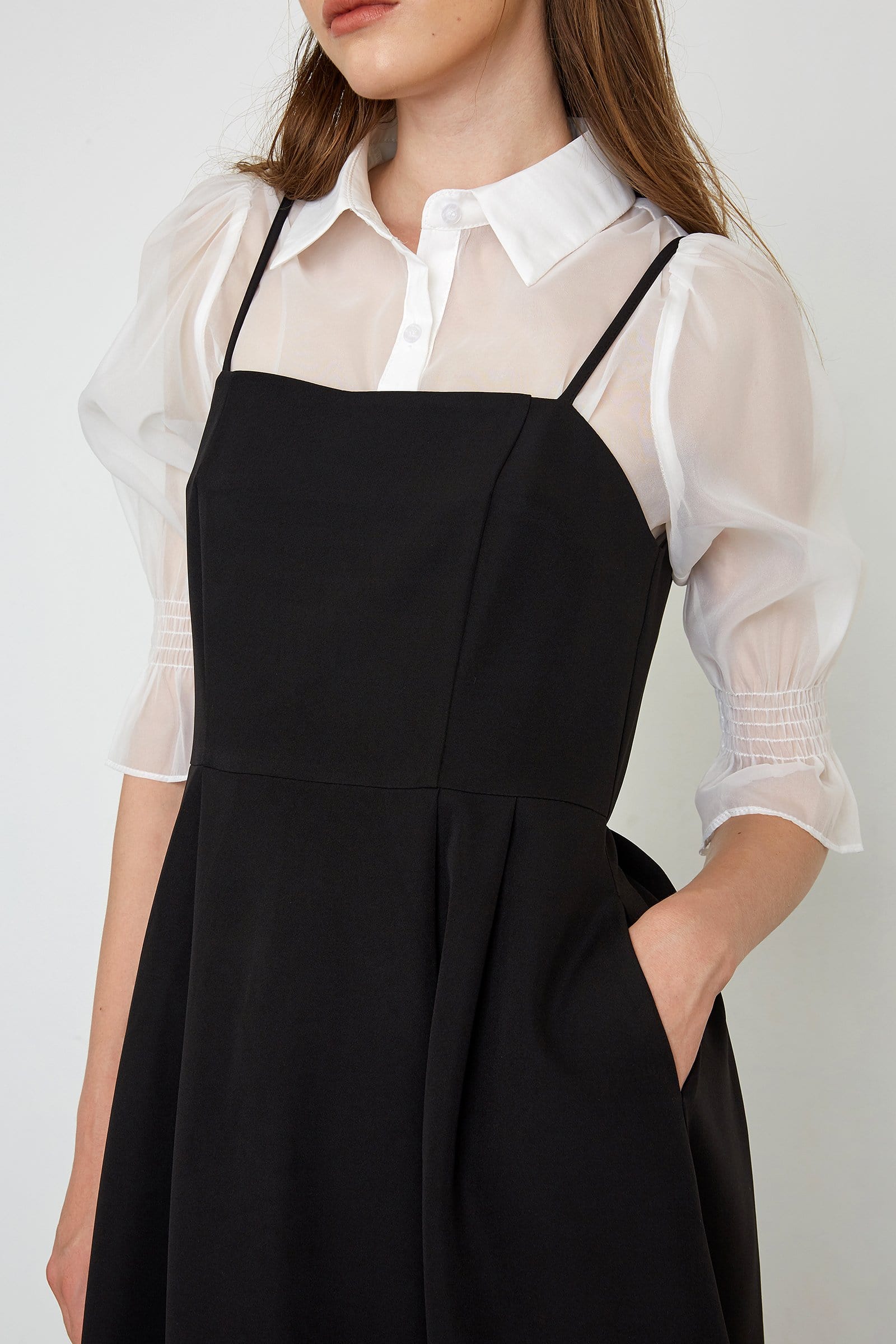 Square Neck Spaghetti Strap Front Slit Pocket A-Line Midi Dress