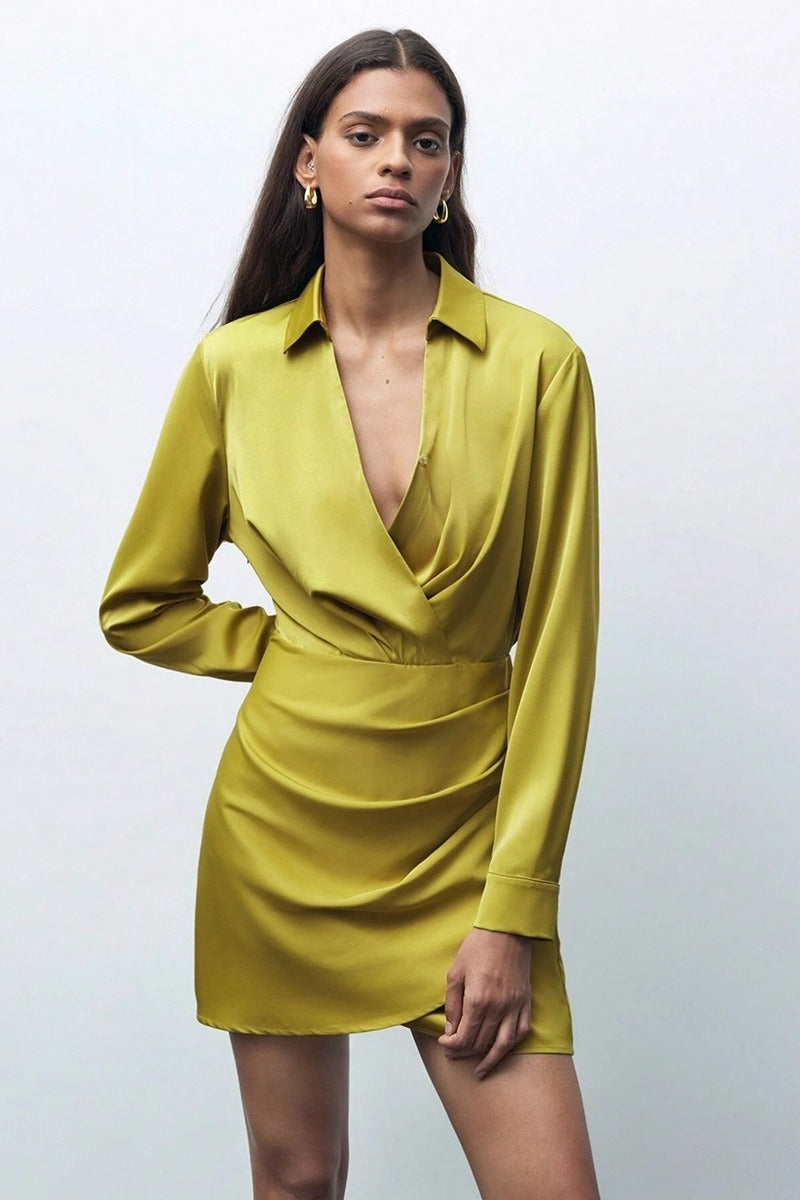 Satin Collared Wrap Deep V-Neck Long Sleeve Ruched Mini Dress