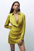 Satin Collared Wrap Deep V-Neck Long Sleeve Ruched Mini Dress