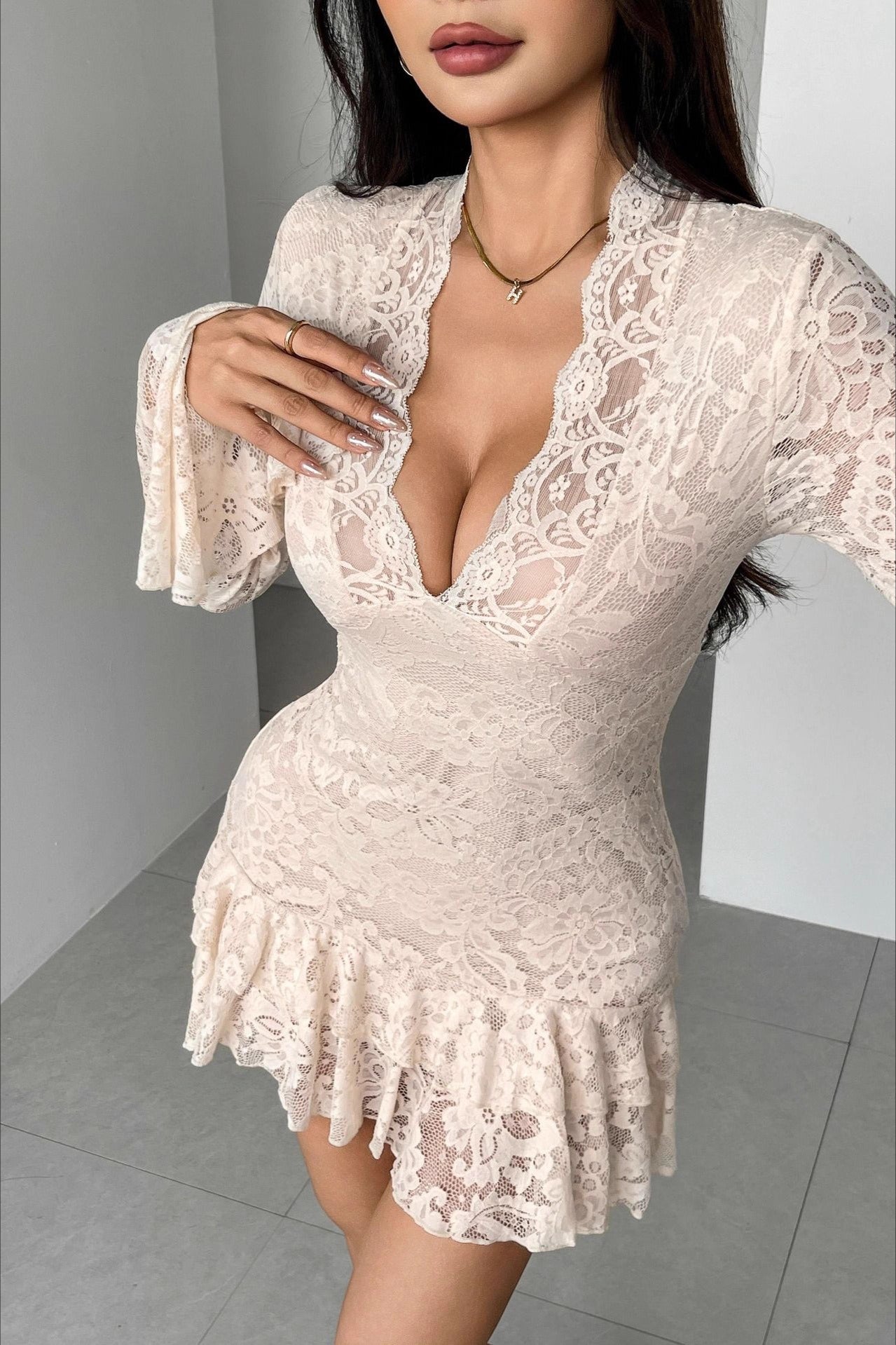 Lace Deep V-Neck Long Sleeve Bell Cuff Tiered Ruffle Hem Mini Dress