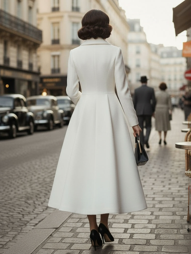 Vintage Classic Lapel A-line Woolen Flared Coat In White For Women 2026