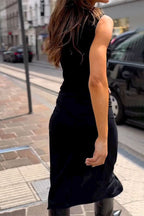 Mock Neck Twist Front Side Slit Sleeveless Midi Dress