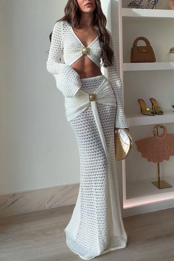 Mania Knit Hardware Detail Bell Sleeve Crop Top and Gathered Overlay Sash Stretch Maxi Skirt Set
