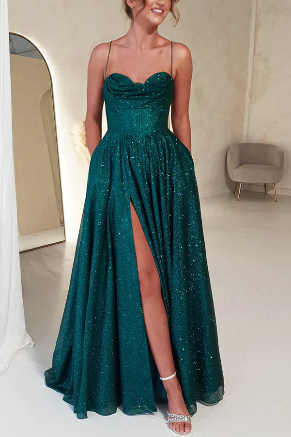 Glitter Cowl Neck Corset Bodice Spaghetti Strap Pleated High Split Pocketed Maxi Gown