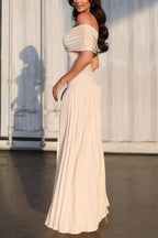 Off Shoulder Dropped Waist Accordion Pleated Maxi Dress