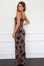 Velvet Flocked Slim Fit Strappy Long Party Dress