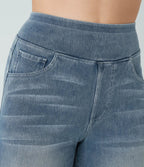 High Waisted Multiple Pockets Baggy Wide Leg Washed Stretchy Knit Casual Jeans