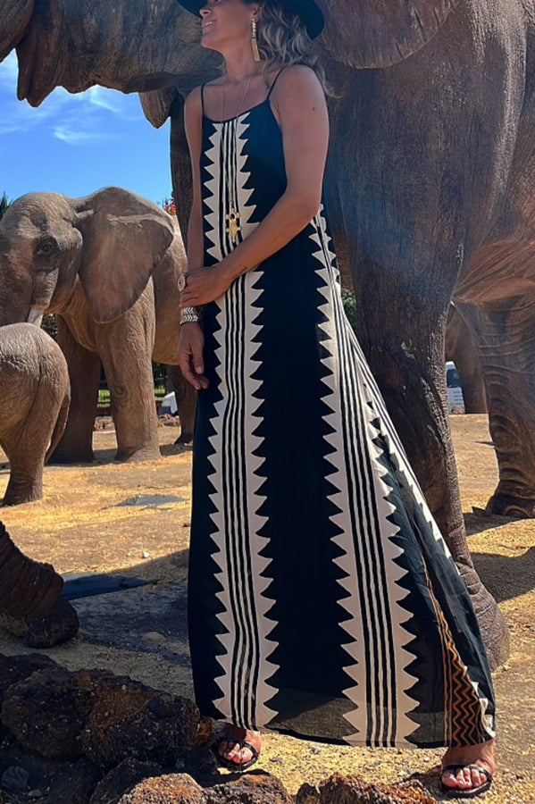 Geometric Tribal Print Square Neck Spaghetti Strap Maxi Dress