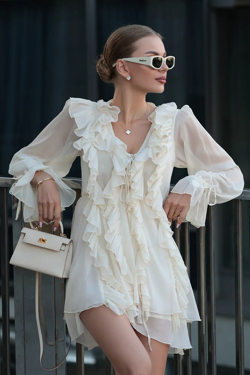 Chiffon Deep V-Neck Tie Front Long Sleeve Tiered Ruffle Mini Dress