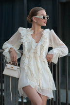 Chiffon Deep V-Neck Tie Front Long Sleeve Tiered Ruffle Mini Dress
