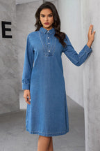 Denim Shirt Collar Long Sleeve Button Front Relaxed Midi Dress