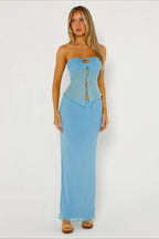 Double Layer Mesh Strapless Crop Bodycon Skirt Set