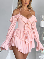 Solid Halter Ruffled Trim Mini Dress