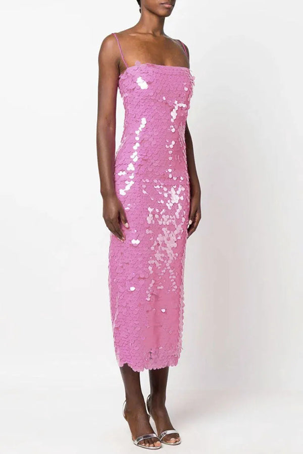 Sexy Sequined Halter-neck Backless Slim Fit Slit Midi Dress
