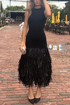 Sleeveless Crew Neck Tiered Fringed Hem Maxi Dress