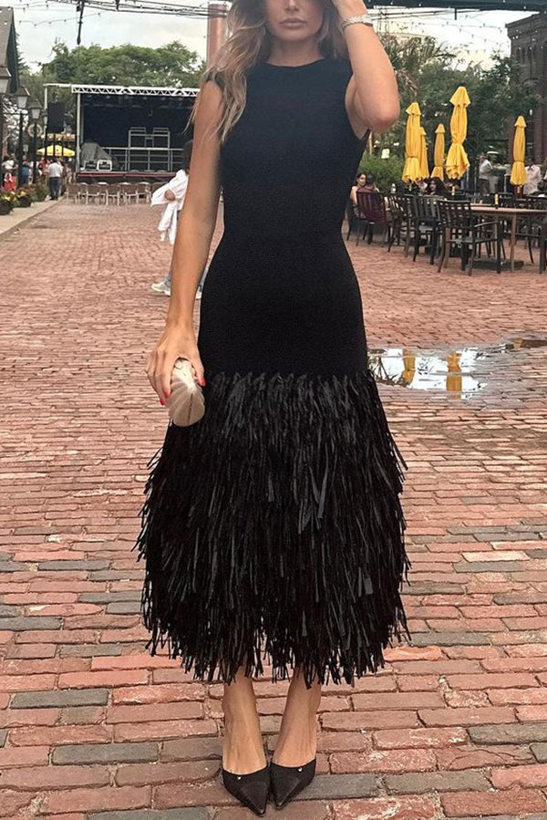 Sleeveless Crew Neck Tiered Fringed Hem Maxi Dress