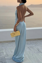 Unforgettable Satin High Drape Neck Open Back Flare Maxi Dress