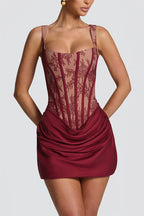 Cornelia Floral Lace Contrast Structural Detail Back Lace-up Satin Hem Mini Dress