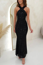 Sequin Cross Halter Neck Mermaid Flare Maxi Gown