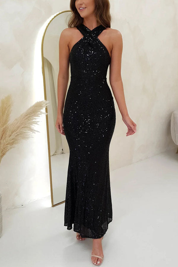Sequin Cross Halter Neck Mermaid Flare Maxi Gown