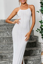 White Split Backless Tie Knit Cardigan Sweater Dress