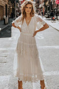 Lace Flutter Sleeve Deep V-Neck Button Front Tiered Maxi Dress