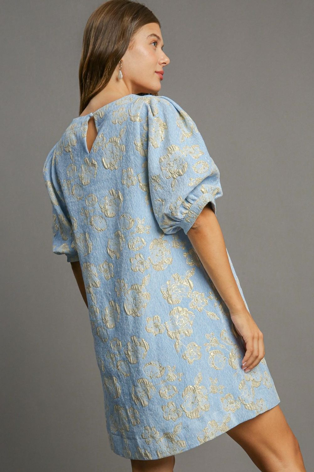 Eva Timeless Floral Jacquard Mini Dress with Puff Sleeves Premium Wardrobe Essential