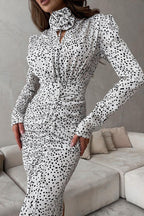 Polka Dot Puff Sleeve V-Neck Rosette Applique Ruched Maxi Dress