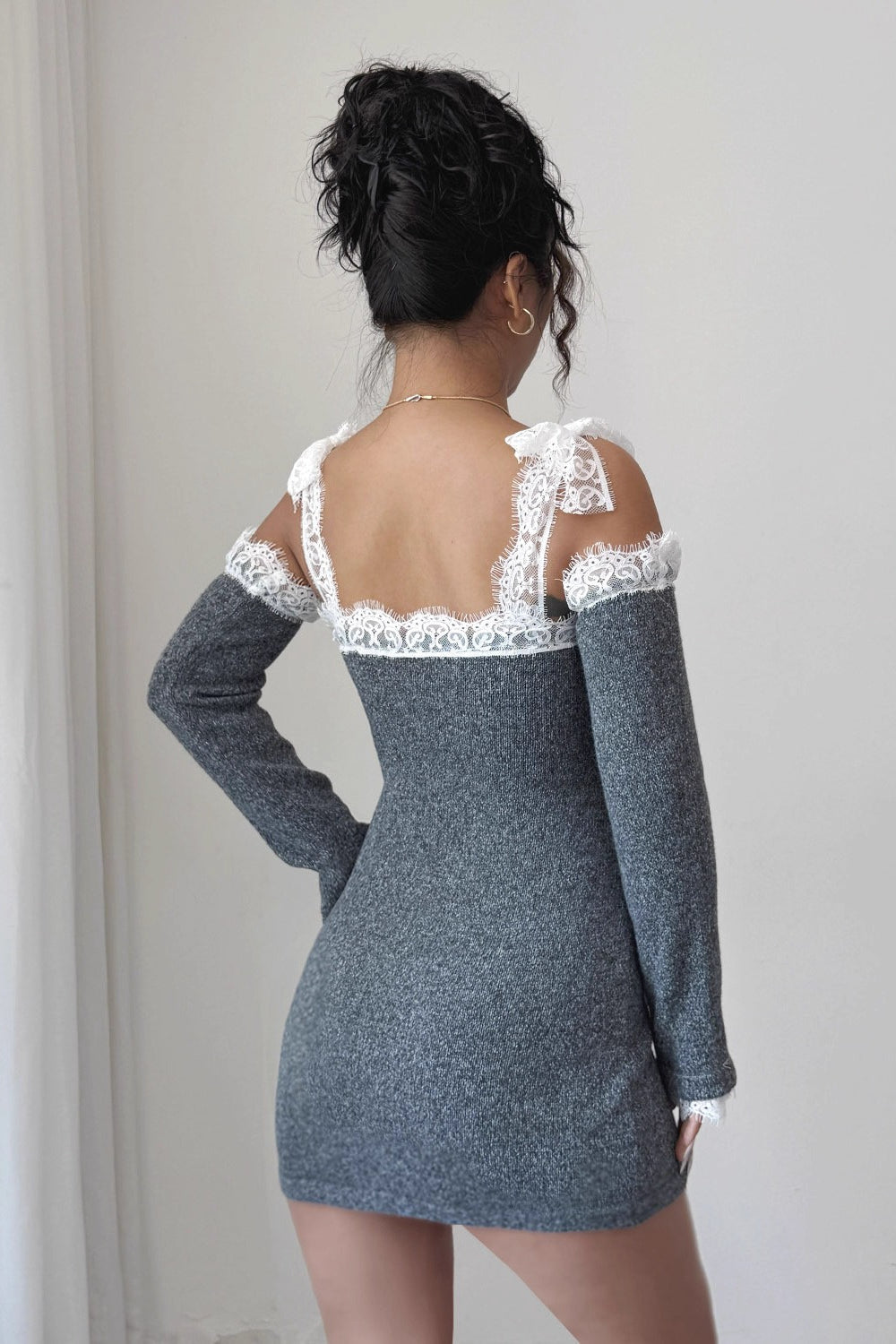 Grey Lace Trim Off Shoulder Sweater Dress