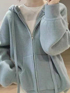 Solid Hooded Zip Up Knit Cardigan
