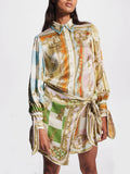 Collared Button Front Baroque Chess Print Tie Cuff Shirt and Wrap Mini Skirt Set