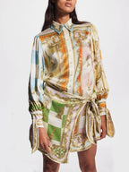 Collared Button Front Baroque Chess Print Tie Cuff Shirt and Wrap Mini Skirt Set