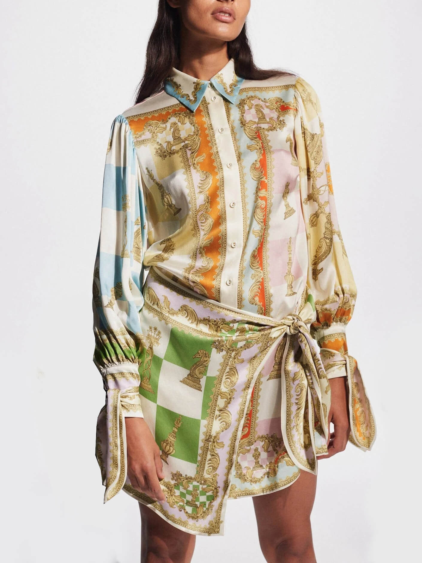 Collared Button Front Baroque Chess Print Tie Cuff Shirt and Wrap Mini Skirt Set