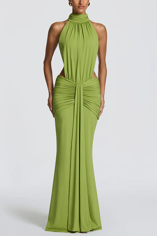 Thekla Stretch Slinky Jersey High Neck Ruched Backless Drape Maxi Dress