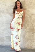Beige Spaghetti Strap Sweetheart Cup Floral Print Bodycon Maxi Dress