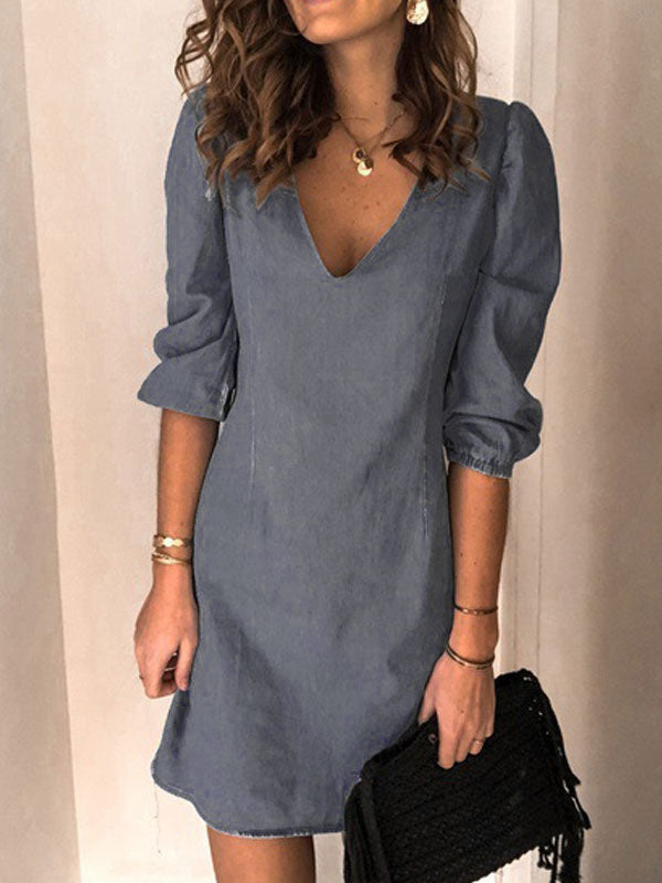 Midi Dress V-Neck Half Sleeves Simple Light Sky Blue Summer Dress
