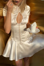 White Stand Collar Keyhole Hook Front Corset Pleated Satin Mini Dress