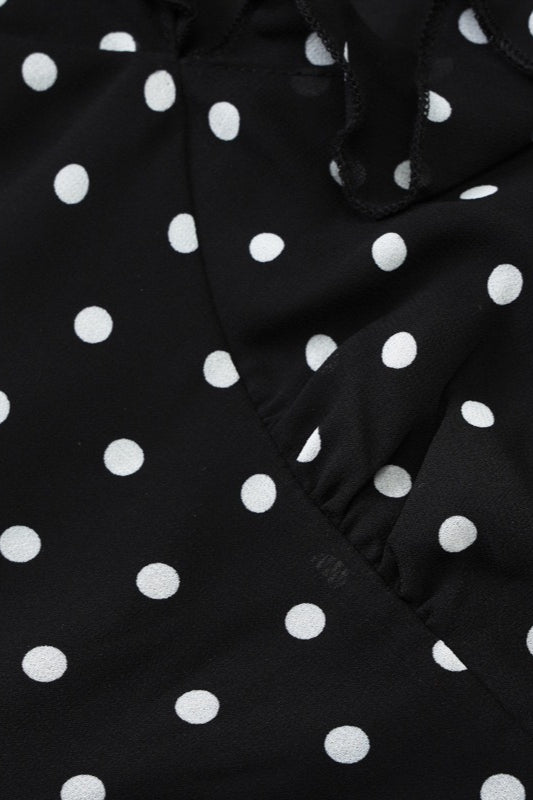 Black V-Neck Ruffle Trim Flutter Sleeve Polka Dot Mesh Bodycon Mini Dress