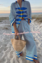 Unique Ocean Print Oversized Shirt and Elastic Waist Pocket Pants Set